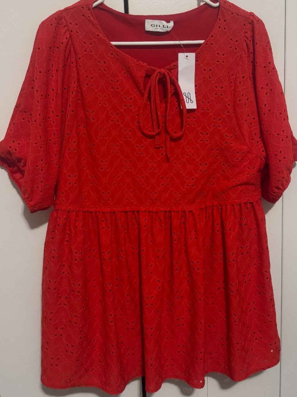 Gilli Stitch Fix Eyelet Babydoll Top NWT Womens L Red Tie Neck Blouse Tunic
